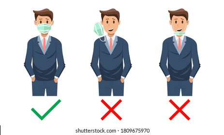 How to wear a mask correct. BusinessMan presenting the correct method of wearing a mask, to reduce the spread of germs, viruses and bacteria.Stop the infection instructions vector illustration