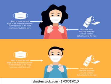 How to wear a mask correct. Woman and man presenting the correct method of wearing a mask. To reduce the spread of germs, viruses and bacteria. Stop infection. Health care concept. Flat design. Vector