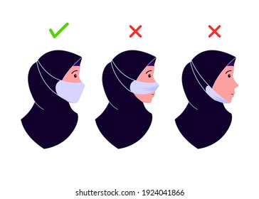 How to wear a mask correctly. Instructions with a muslim and instructions on the wrong and right way to wear a face mask. vector illustration.
