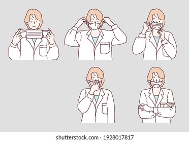 How to wear a mask correctly. Women presenting the correct method of wearing a mask. Hand drawn thin line style vector illustrations.