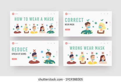 How to Wear Mask Landing Page Template Set. People Wearing Facemask Wrong and Correct Way. Male and Female Characters Protecting of Dust or Coronavirus Cells Outside. Cartoon Vector Illustration