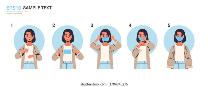 how to wear medical face mask covid-19 protection woman presenting step by step correct method of wearing mask to reduce coronavirus spreading horizontal portrait vector illustration