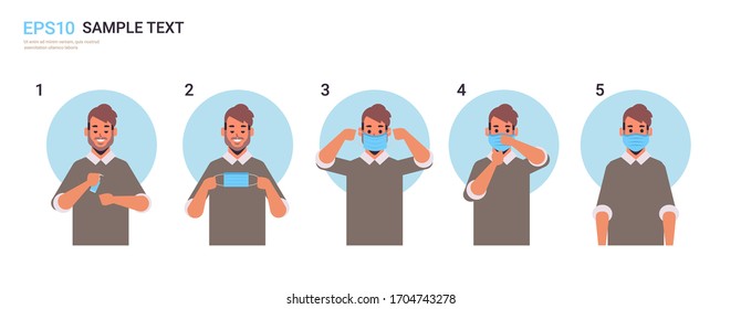 how to wear medical face mask covid-19 protection man presenting step by step correct method of wearing mask to reduce coronavirus spreading horizontal portrait vector illustration