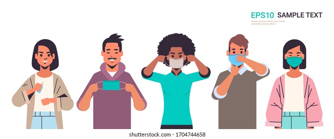 how to wear medical face mask covid-19 protection mix race people presenting step by step correct method of wearing mask to reduce coronavirus spreading horizontal portrait vector illustration