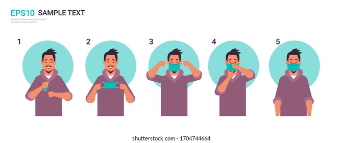 how to wear medical face mask covid-19 protection  man presenting step by step correct method of wearing mask to reduce coronavirus spreading horizontal portrait vector illustration