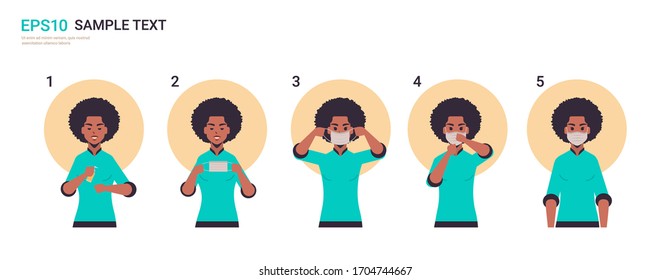 how to wear medical face mask covid-19 protection african american woman presenting step by step correct method of wearing mask to reduce coronavirus spreading horizontal portrait vector illustration