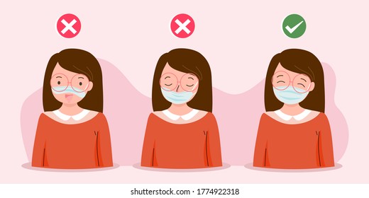 Wie man eine medizinische Gesichtsmaske richtig trägt. Anleitung für die persönliche Hygiene während des Koronavirus. Girl-Charaktere, die eine chirurgische Maske oder eine Gesichtshaut tragen, die richtig und falsch ist. Flache Vektorgrafik