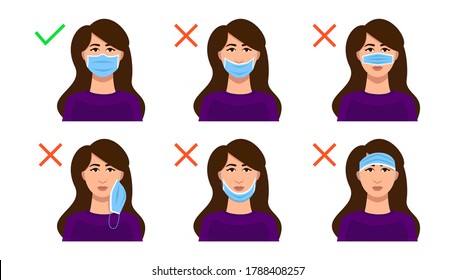 How to wear a medical mask correctly. Examples of use on a woman's face. Wrong with the sign of the cross