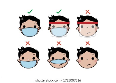 How to wear medical mask, face shield to protect PM2.5 (Particulate Matters) and coronavirus (COVID-19). -Vector