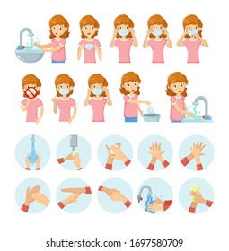 How to wear medical mask. Medical instruction step by step Infographics of method how to wear mask. Stages of proper hand washing. Stop coronavirus COVID-19 vector