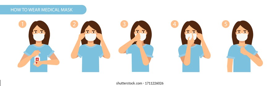 How to wear medical mask instructions. Virus protection advice. Woman wear protective mask against infectious diseases. Stop the infection vector illustration