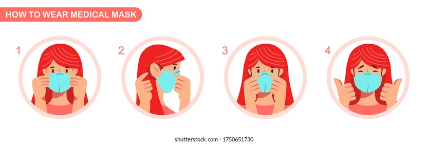 How to wear medical mask instructions. COVID-19 pandemic with surgical mask. Woman wear protective mask against infectious diseases. Scalable and editable vector illustration.