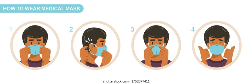 How to wear medical mask instructions. COVID-19 pandemic with surgical mask. Man wear protective mask against infectious diseases. Scalable and editable vector illustration.