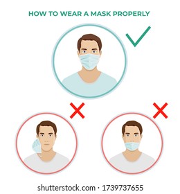 How to wear medical mask properly. Men presenting the correct and wrong method of wearing a mask ,To reduce the spread of germs, viruses and bacteria. Vector illustration icons in a flat style.