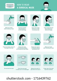 How to wear medical mask and How to remove medical mask properly. Step by step infographic illustration of how to wear and remove a surgical mask. To wear mask properly for Prevent virus