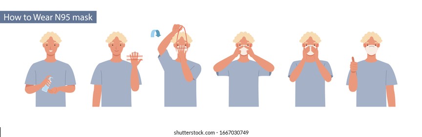 How to wear N95 mask correct. Man presenting the correct method of wearing a mask,To reduce the spread of germs, viruses and bacteria. Vector illustration in a flat style