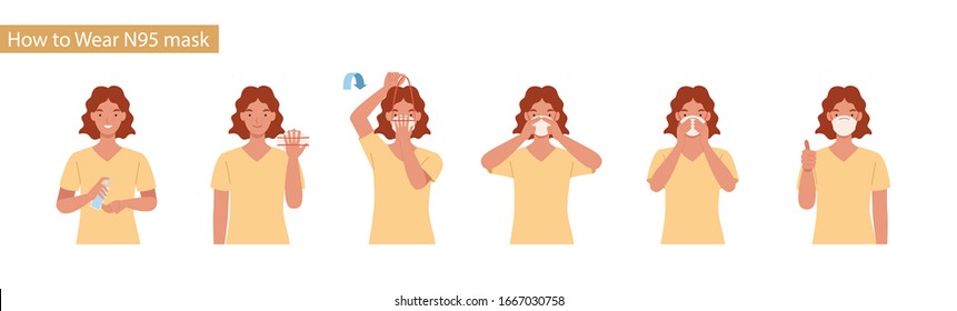 How to wear N95 mask correct. Women presenting the correct method of wearing a mask,To reduce the spread of germs, viruses and bacteria. Vector illustration in a flat style