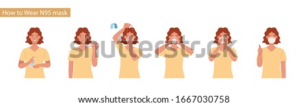 How to wear N95 mask correct. Women presenting the correct method of wearing a mask,To reduce the spread of germs, viruses and bacteria. Vector illustration in a flat style