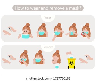 How to wear and remove mask step by step to prevent the spread of bacteria,coronavirus.Vector illustration for poster.Editable element