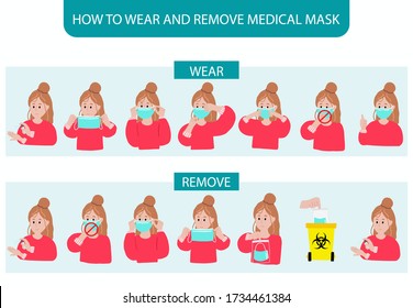 How to wear and remove mask step by step to prevent the spread of bacteria,coronavirus.Vector illustration for poster.Editable element