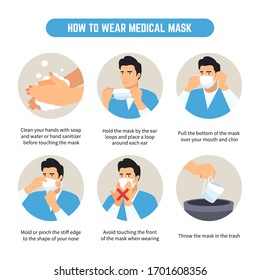 How to wear and remove medical mask infographic illustration. Coronavirus epidemic with surgical mask. Man wear and remove protective mask against infectious diseases flat vector illustration