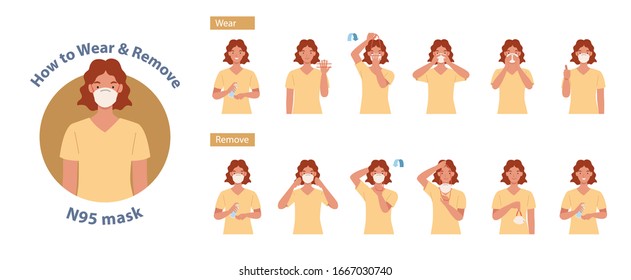 How to wear and remove N95 mask correct. Women presenting the correct method of wearing a mask,To reduce the spread of germs, viruses and bacteria. Vector illustration in a flat style