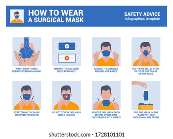 How to wear a surgical mask properly. Safety advice infographics. Vector Illustration