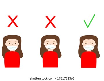 Cómo usar máscara facial correcta y equivocada. nuevo estilo de vida normal. Ilustración vectorial plana. 