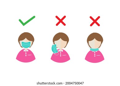 How to Wearing a mask correctly to prevent disease and the wrong   Shows how to wear a face mask correctly.In order to prevent the spread of the coronavirus and Covid-19 disease.vector illustration.