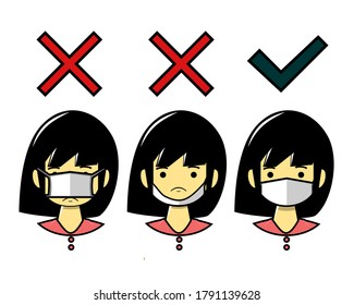 How to wearing protective mask correctly. Wrong and right to use masks. Prevent the spread of the viruses, bacteria and pollution. Illustration vector