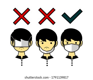 How to wearing protective mask correctly. Wrong and right to use masks. Prevent the spread of the coronavirus and Covid-19 disease. Illustration vector