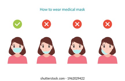 how to wearing protective mask correctly.Girl wear protective mask against infectious diseases. vector illustration