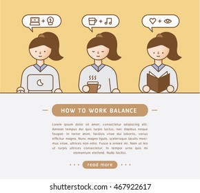 how to work balance with workingwoman illustration vector and managing time. easy to use as contents template, background, wallpaper