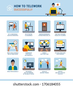 How to work from home successfully and boost productivity, vector infographic with advices