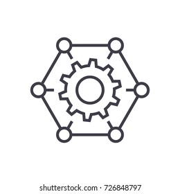 how it works,gears, settings vector line icon, sign, illustration on background, editable strokes