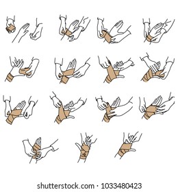 How to wrap a hand with elastic gauze vector illustration sketch hand drawn with black lines, isolated on white background