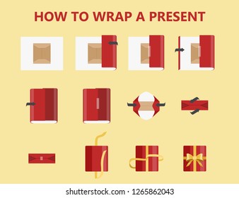 How to wrap a present step-by-step instruction. Gift box packaging guide. Beautiful xmas bow making. Handmade red package decoration for christmas present. Isolated flat vector illustration