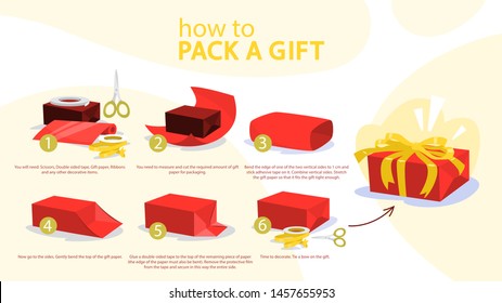 How to wrap a present step-by-step instruction. Gift box packaging guide. Beautiful xmas bow making. Handmade red package decoration for christmas present. Vector illustration in cartoon style