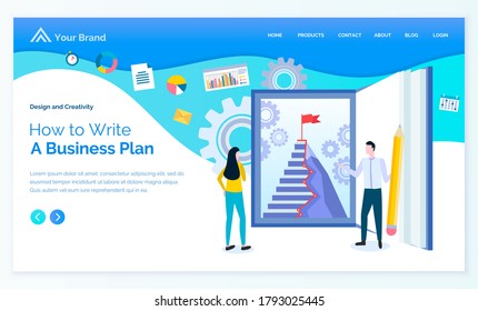 Wie man Business-Plan zu schreiben, das Unternehmenssystem der Strategien zu machen. Mann und Frau, die Treppe mit Zielflagge anschauen. Geber und Symbole gesetzt. Website oder Webseitenvorlage, Landepage, Vektorgrafik in Form von