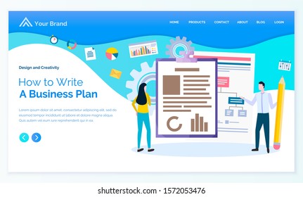 How to write business plan, man and woman presenters, scheme and graph on paper. Workers cooperation, diagram and set icons, manager strategy vector. App slider or landing page template in flat style