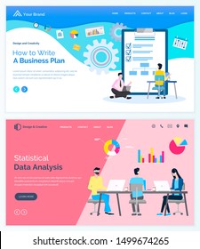 How to write business plan, statistical data analysis board with done marks and people at table discussing sales and trades. Vector website or webpage template, business application template