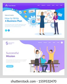 How to write business plan, successful mission, people with rising hands. Man and woman communication with laptop and desk, cooperation vector. App slider, webpage or website template in flat style