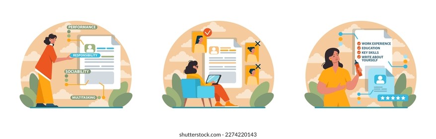 How to write a good CV instruction set. Process of writing a successful resume for a job application. Candidate' profile for vacant position. Flat vector illustration