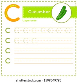 How to write Letter C uppercase vector children colorful ABC alphabet in vibrant colors. Tracing practice worksheet for kids learning English vocabulary and handwriting. Preschool Printing Practice