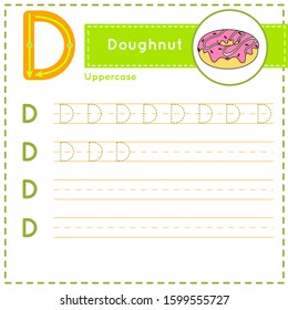 How to write Letter D uppercase vector children colorful ABC alphabet in vibrant colors. Tracing practice worksheet for kids learning English vocabulary and handwriting. Preschool Printing Practice