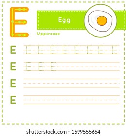 How to write Letter E uppercase vector children colorful ABC alphabet in vibrant colors. Tracing practice worksheet for kids learning English vocabulary and handwriting. Preschool Printing Practice