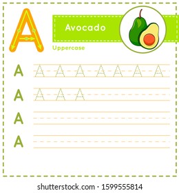 How to write Letter A uppercase vector children colorful ABC alphabet in vibrant colors. Tracing practice worksheet for kids learning English vocabulary and handwriting. Preschool Printing Practice