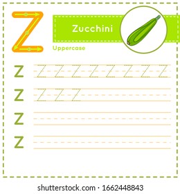How to write Letter Z uppercase vector children colorful ABC alphabet in vibrant colors. Tracing practice worksheet for kids learning English vocabulary and handwriting. Preschool Printing Practice
