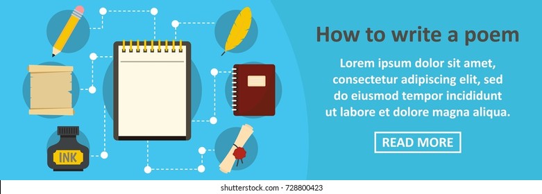 How to write a poem banner horizontal concept. Flat illustration of how to write a poem banner horizontal vector concept for web design