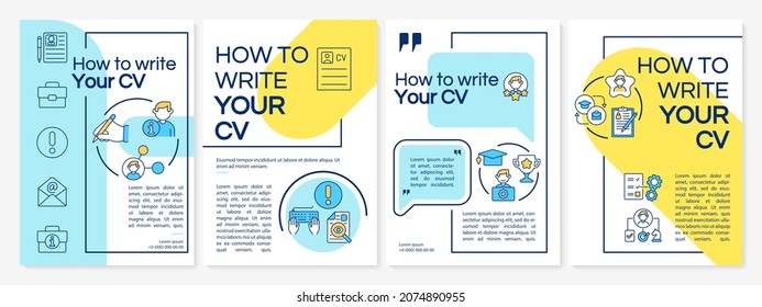 How to write resume brochure template. Highlight skills in resume. Flyer, booklet, leaflet print, cover design with linear icons. Vector layouts for presentation, annual reports, advertisement pages